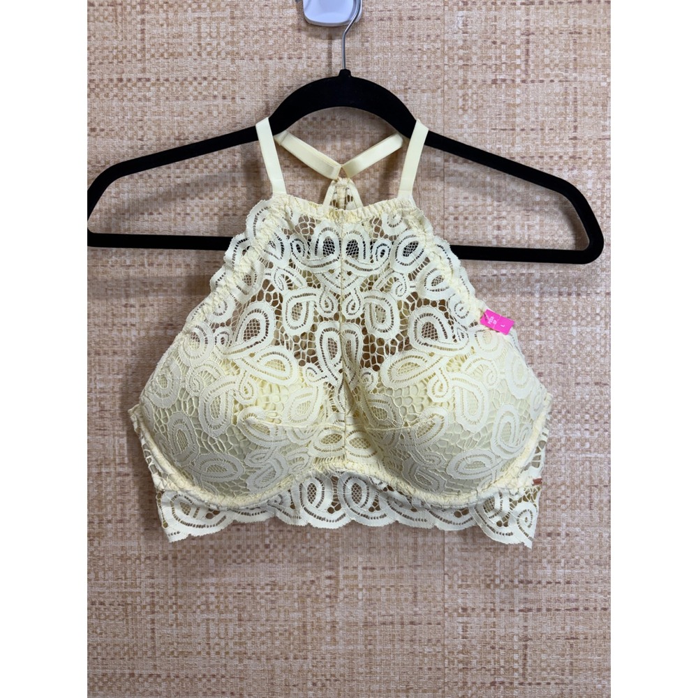Victoria's Secret PINK High Neck Lace Push-Up Bralette Yellow Women Large NWT